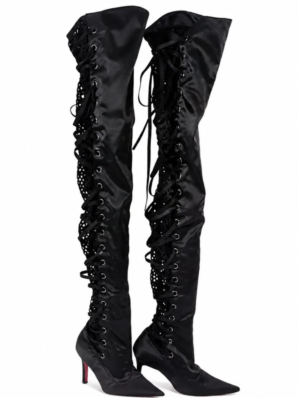 Colin Stuart Satin Mesh Lace-Up Thigh High Boots Black 8.5